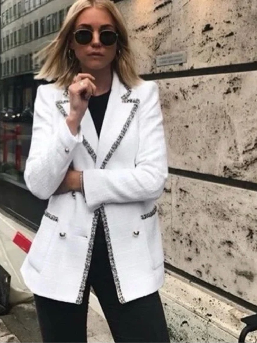 Zara White Tweed Double-Breasted Blazer with Multicolor Trim - Picture 6 of 13